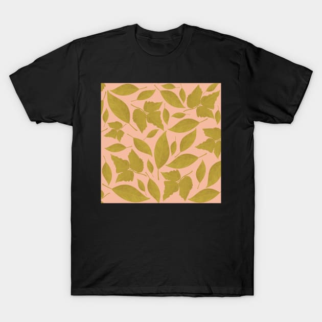 Pink and Mustard Leaves Pattern T-Shirt by WalkSimplyArt